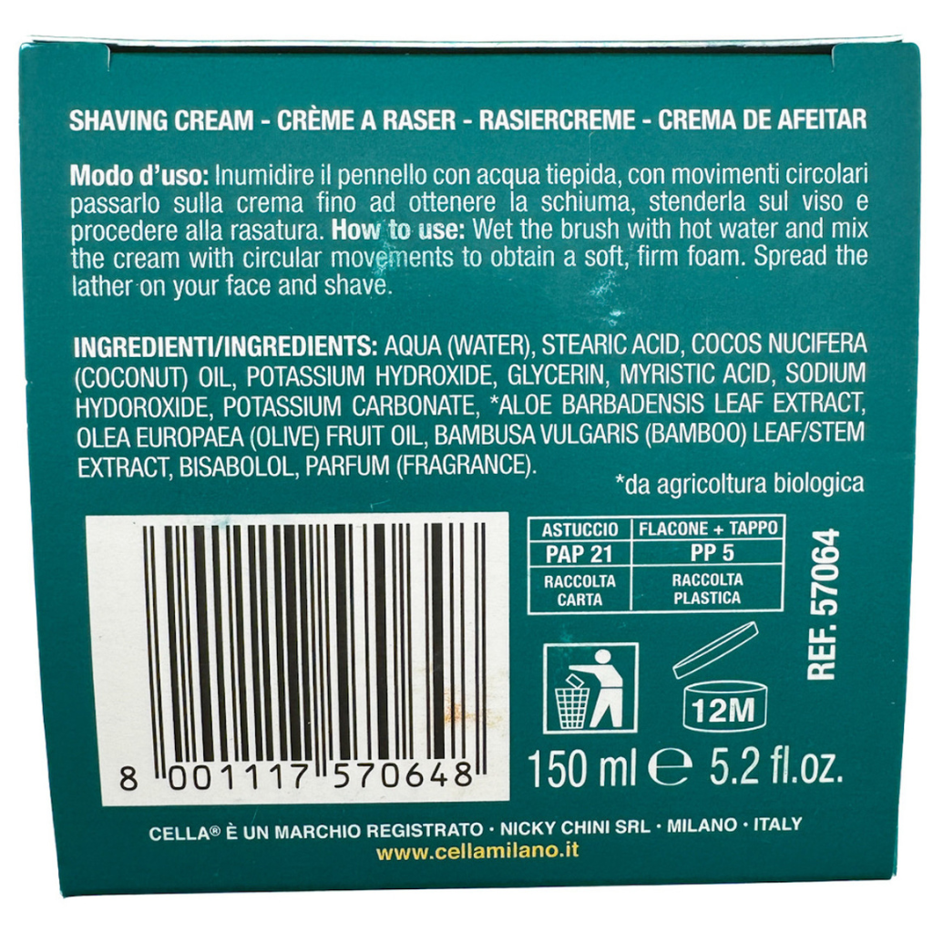 Cella Milano Organic Aloe Vera Shaving Cream Bowl 5.2 oz