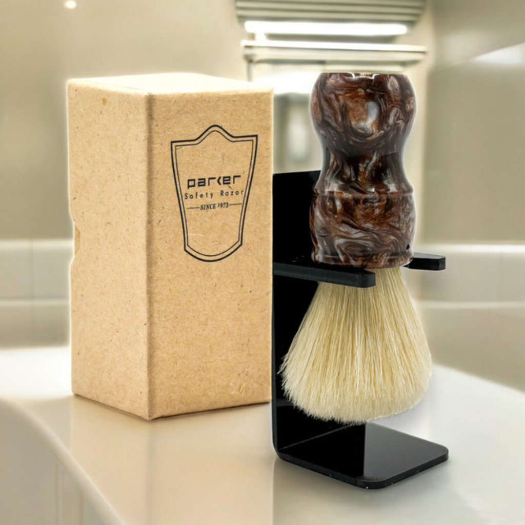 Parker Deluxe Faux Tortoiseshell Boar Shaving Brush &amp; Acrylic Shaving Brush Stand