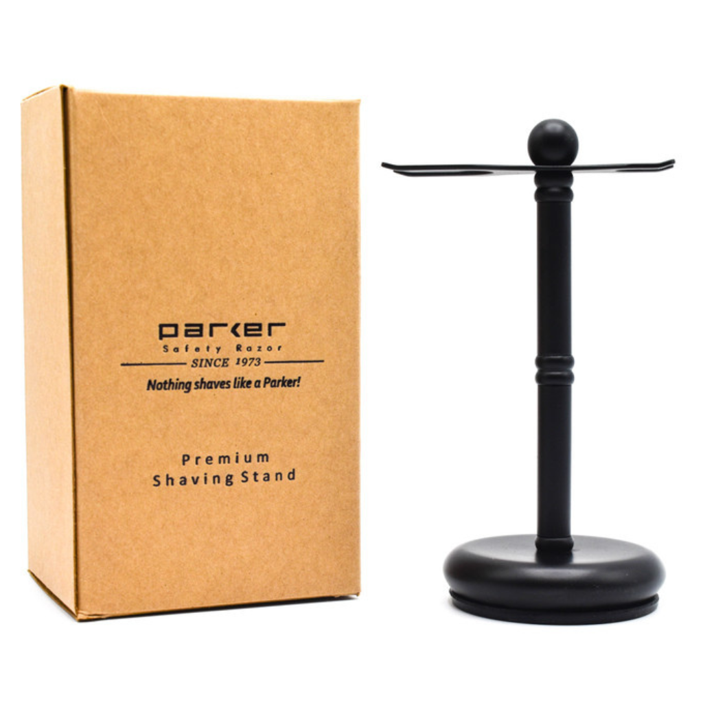 Parker Deluxe Matte Black Brass 2-Prong Safety Razor and Shaving Brush Stand