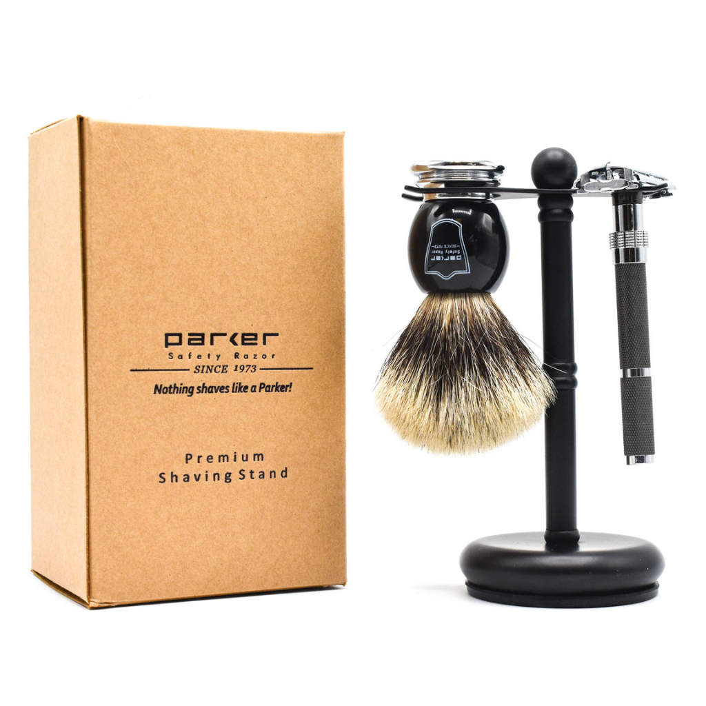 Parker Deluxe Matte Black Brass 2-Prong Safety Razor and Shaving Brush Stand