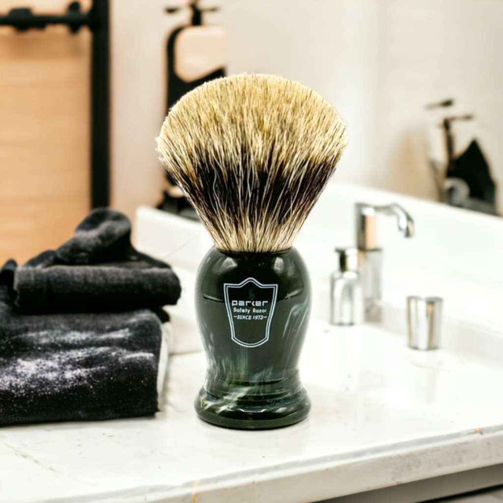 Parker Hunter Green Resin Pure Badger Shaving Brush &amp; Acrylic Shaving Brush Stand