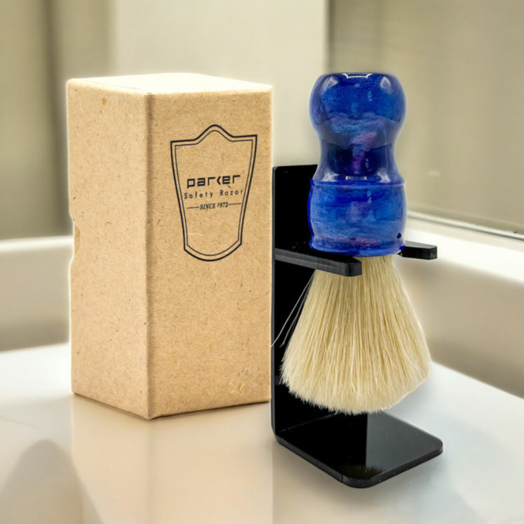 Parker Iridescent Blue Resin Boar Shaving Brush &amp; Acrylic Shaving Brush Stand
