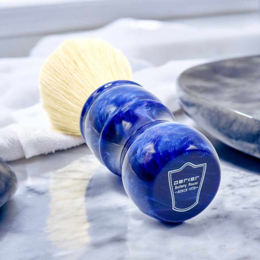 Parker Iridescent Blue Resin Boar Shaving Brush &amp; Acrylic Shaving Brush Stand
