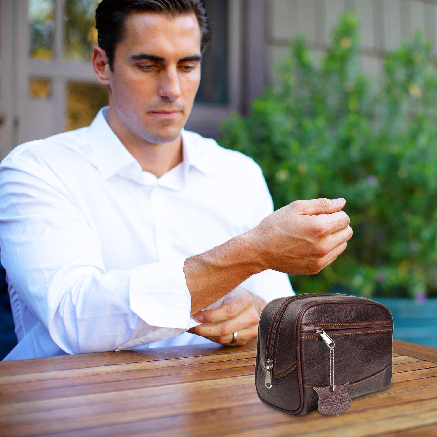 Parker Dark Brown Water Buffalo Leather Toiletry Bag Large