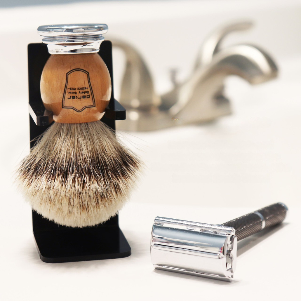 Parker Olive Wood Silvertip Badger Shaving Brush &amp; Acrylic Shaving Brush Stand