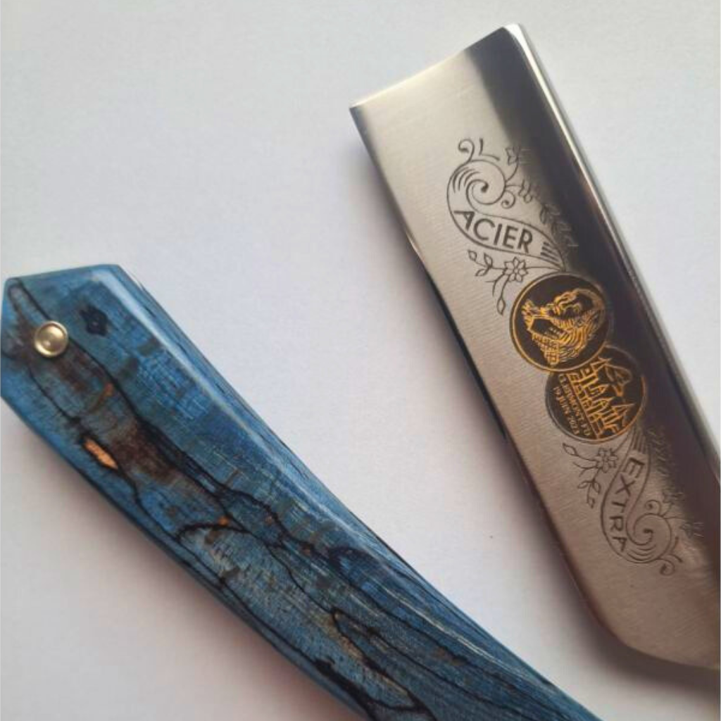 Thiers Issard 'Médaille Pascal' Straight Razor 6/8" Spalted Stabilized Blue Beech Wood Carbon Steel.