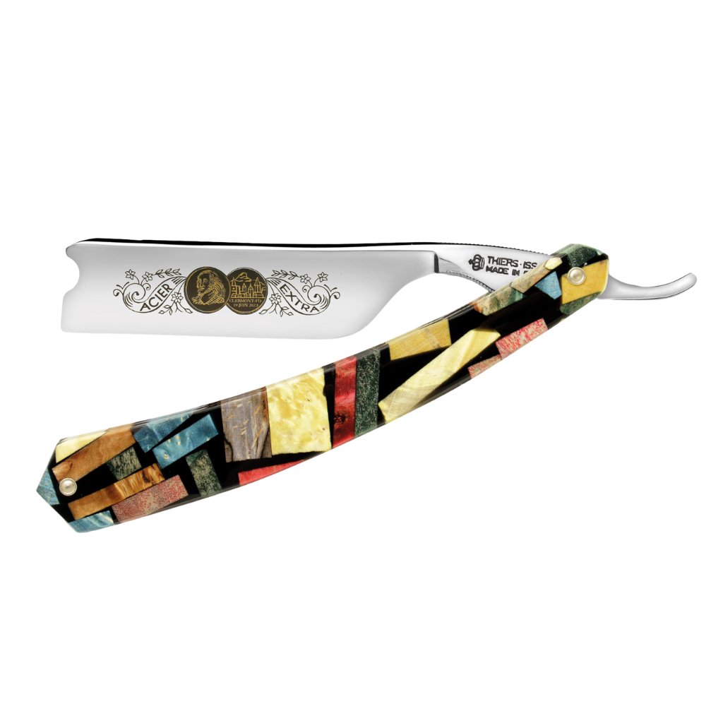 Thiers Issard &#39;Médaille Pascal&#39; Straight Razor 7/8&quot; Harlequin Stabilized Poplar Wood Carbon Steel.