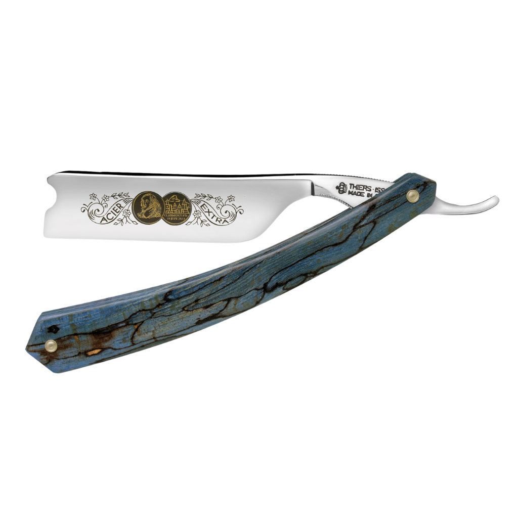 Thiers Issard &#39;Médaille Pascal&#39; Straight Razor 7/8&quot; Spalted Stabilized Blue Beech Wood Carbon Steel.