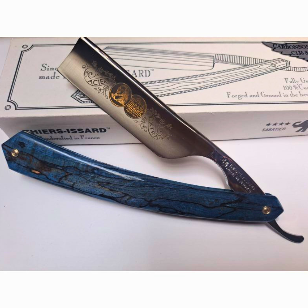 Thiers Issard &#39;Médaille Pascal&#39; Straight Razor 7/8&quot; Spalted Stabilized Blue Beech Wood Carbon Steel.
