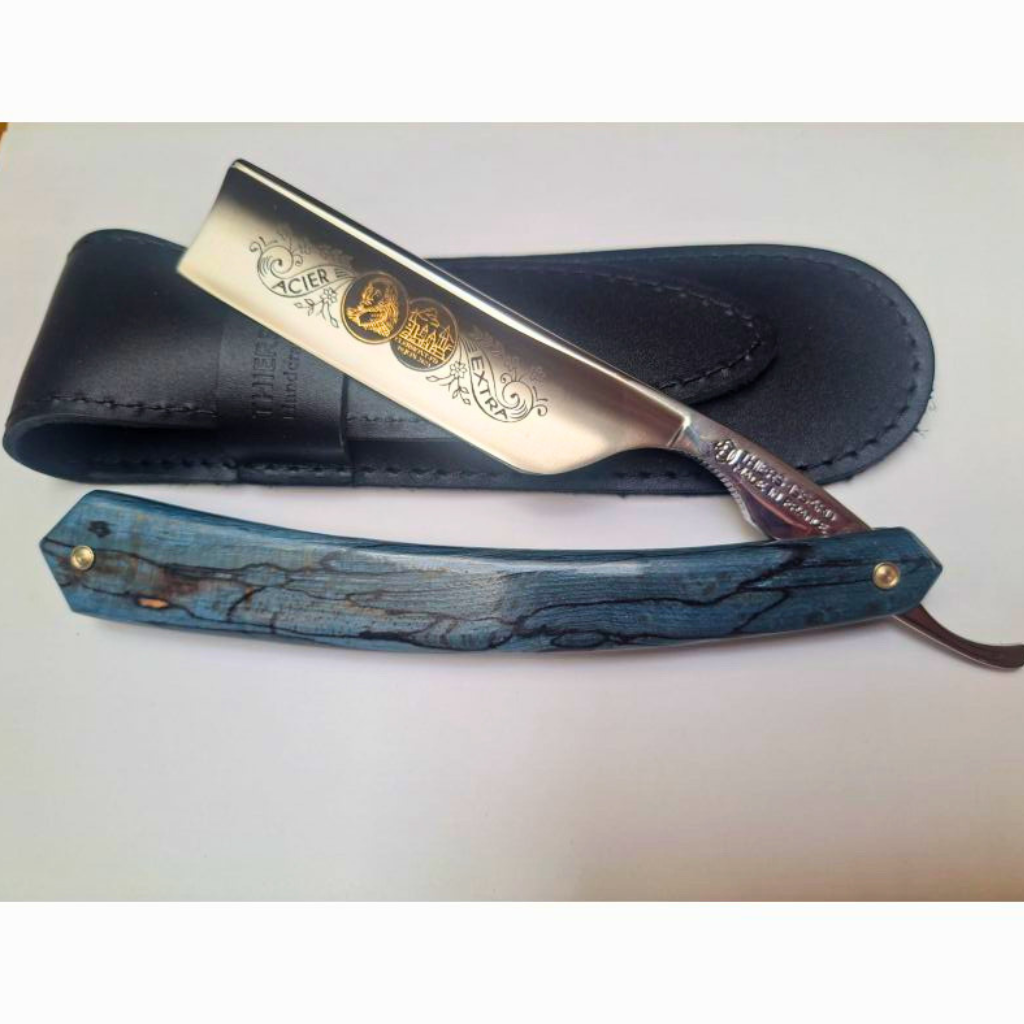 Thiers Issard &#39;Médaille Pascal&#39; Straight Razor 7/8&quot; Spalted Stabilized Blue Beech Wood Carbon Steel.