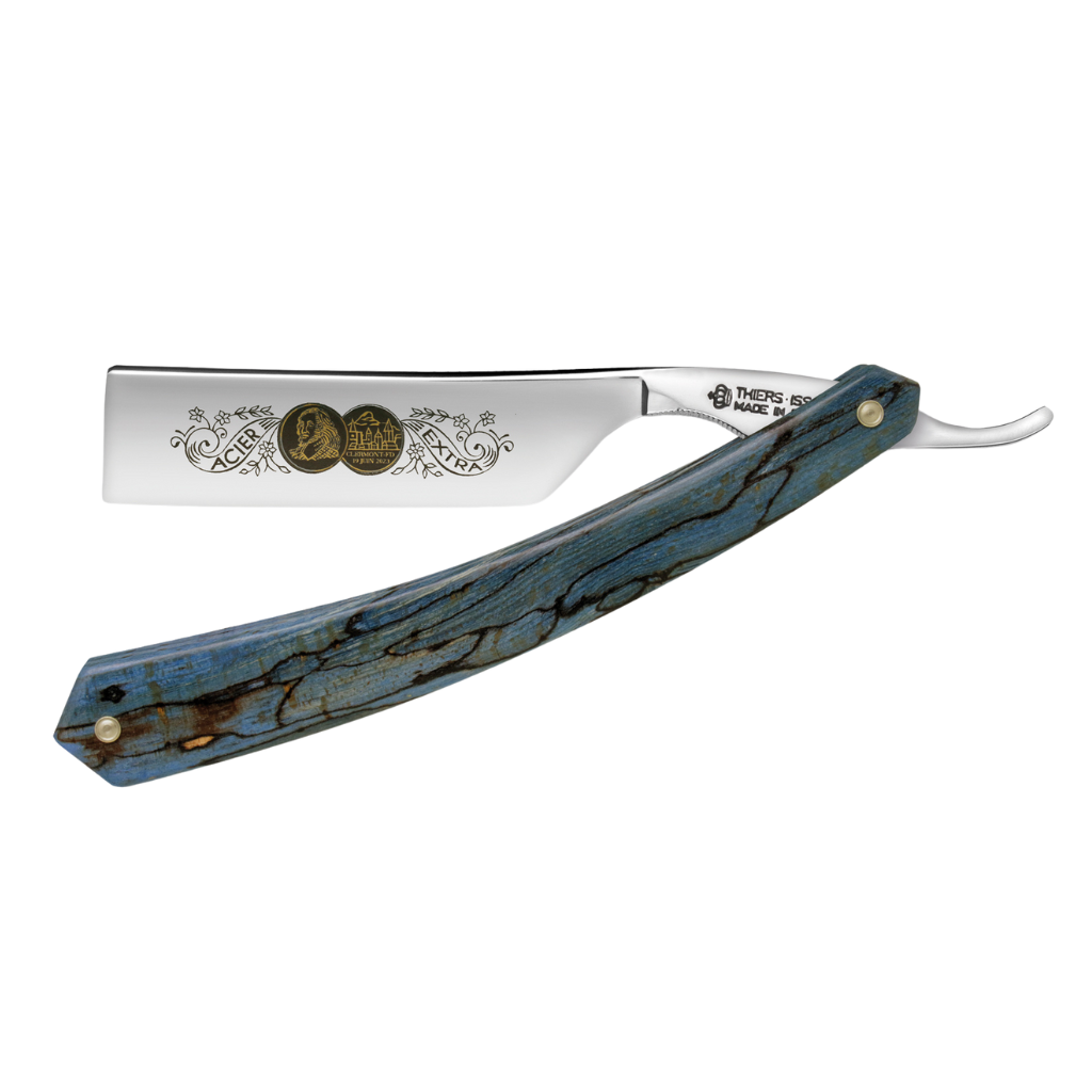 Thiers Issard &#39;Médaille Pascal&#39; Straight Razor 7/8&quot; Spalted Stabilized Blue Beech Wood Carbon Steel.
