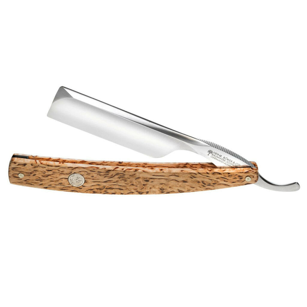 Boker The Celebrated Curly Birch Wood Square Point 6/8&quot; Carbon Steel Straight Razor