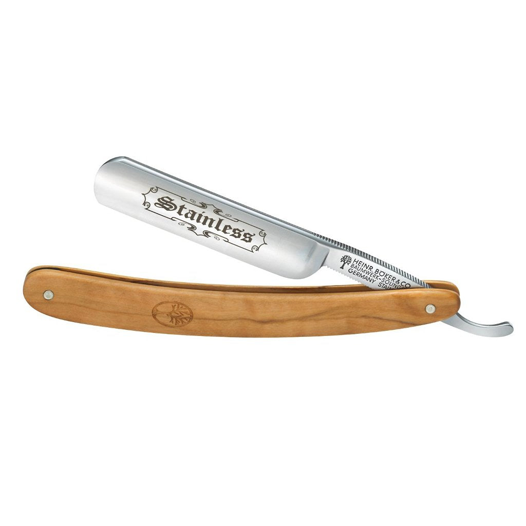 Boker Brown Olive Wood Round Point 5/8&quot; Stainless Steel Straight Razor