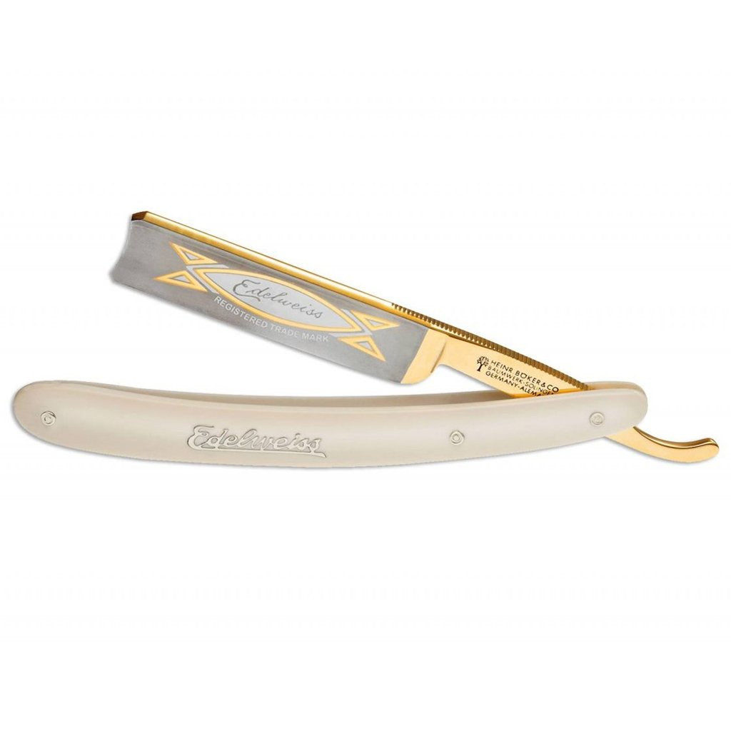 Boker Edelweiss Special Edition Ivory Spanish Point 5/8&quot; Gilded Carbon Steel Straight Razor