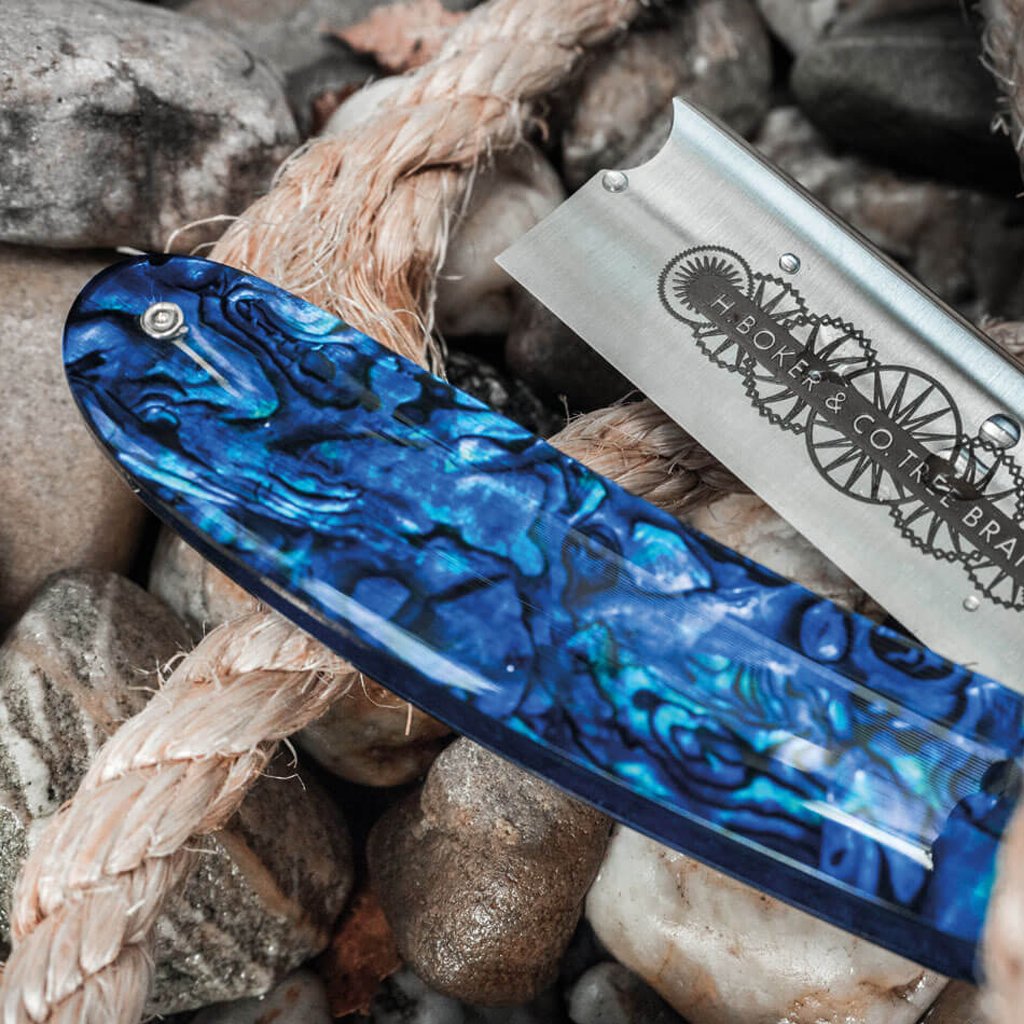 Boker Paua Blue Shell Barber&#39;s Notch 7/8&quot; O1 Straight Razor