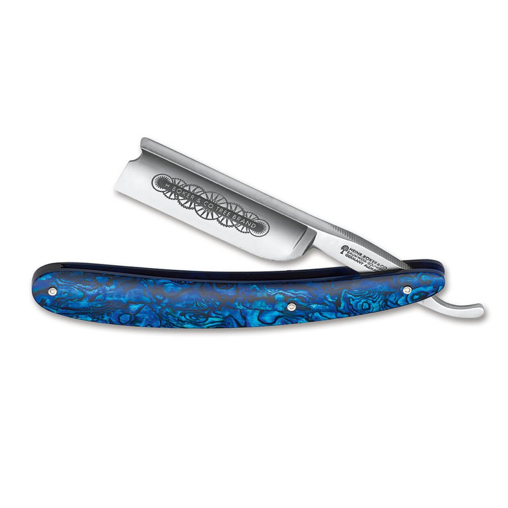 Boker Paua Blue Shell Barber&#39;s Notch 7/8&quot; O1 Straight Razor