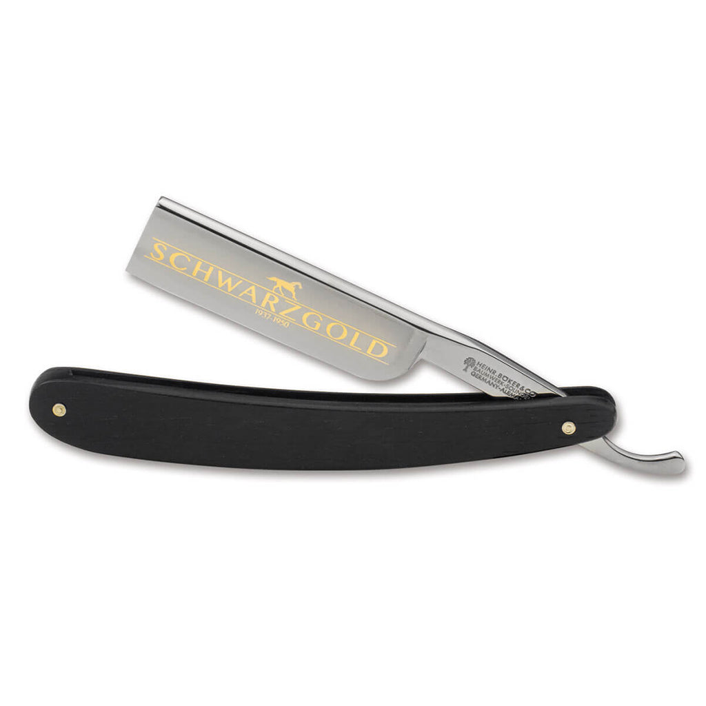 Boker Schwarzgold Bog Oak Wood Square Point 6/8&quot; Gilded Carbon Steel Straight Razor