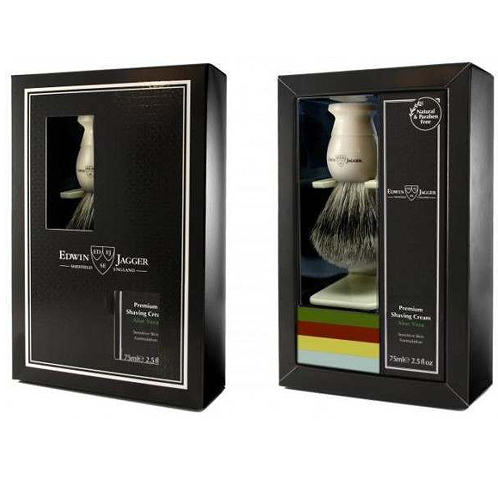 Edwin Jagger Imitation Ivory Shaving Brush and Cream Gift Set (Aloe Vera).