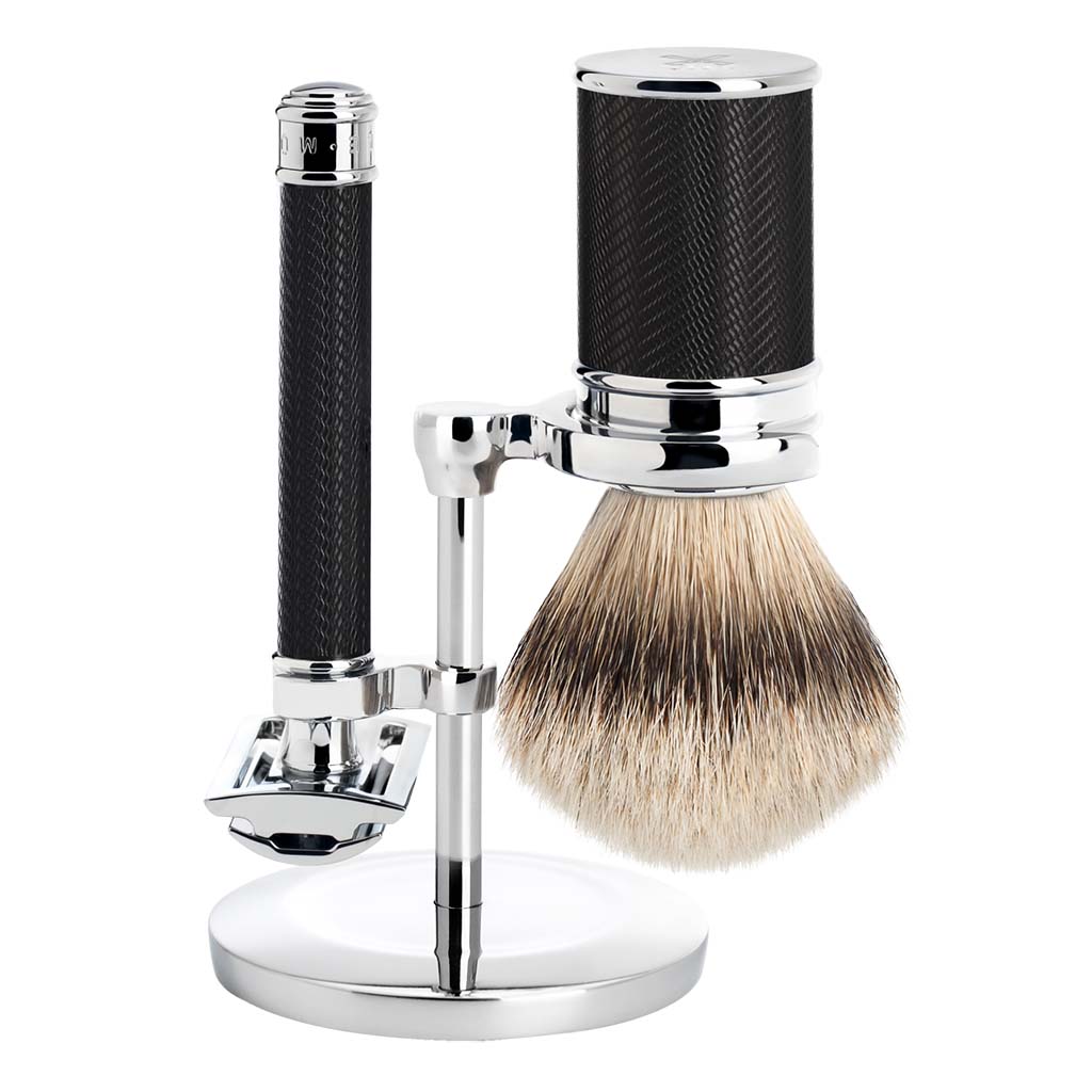 Muhle S091M89 Traditional Black and Chrome Silvertip Badger 3-piece Safety Razor Set