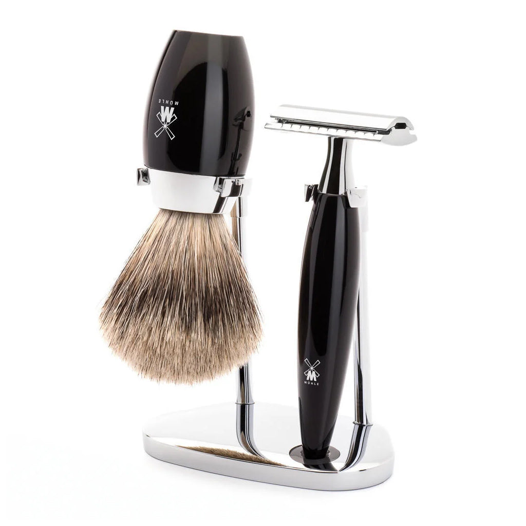 Muhle Kosmo Black Fine Silver Tip Badger 3-Piece Safety Razor Set.