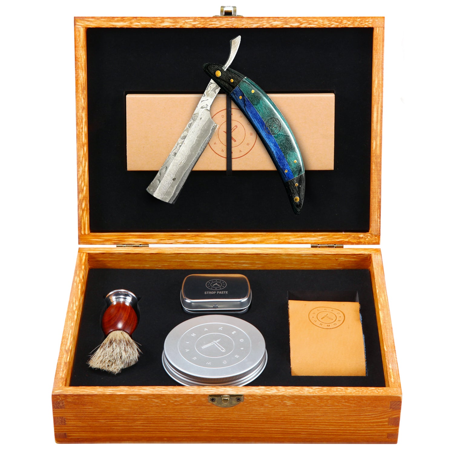 Naked Armor Esclabor Damascus 7 Piece Straight Razor Kit.