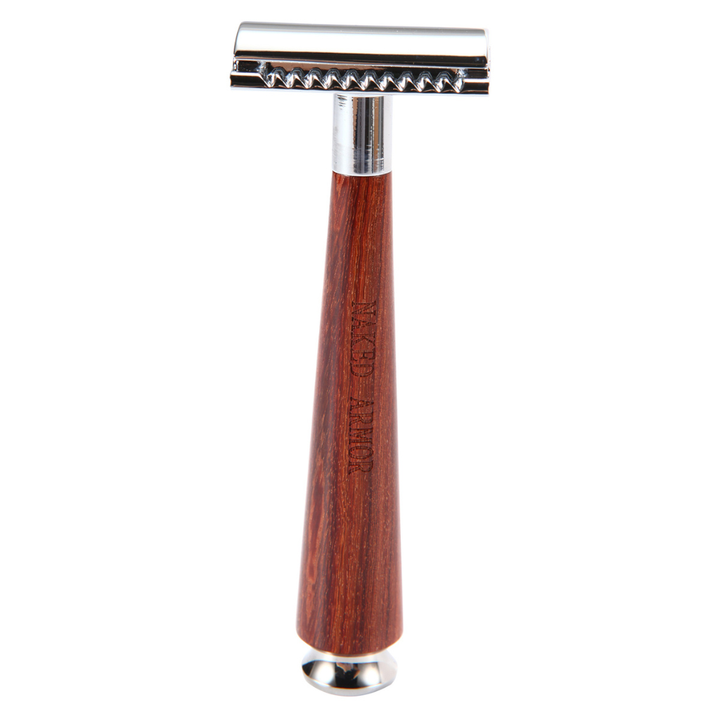 Naked Armor Tor Safety Razor Mahogany Wood Zinc Aluminum.