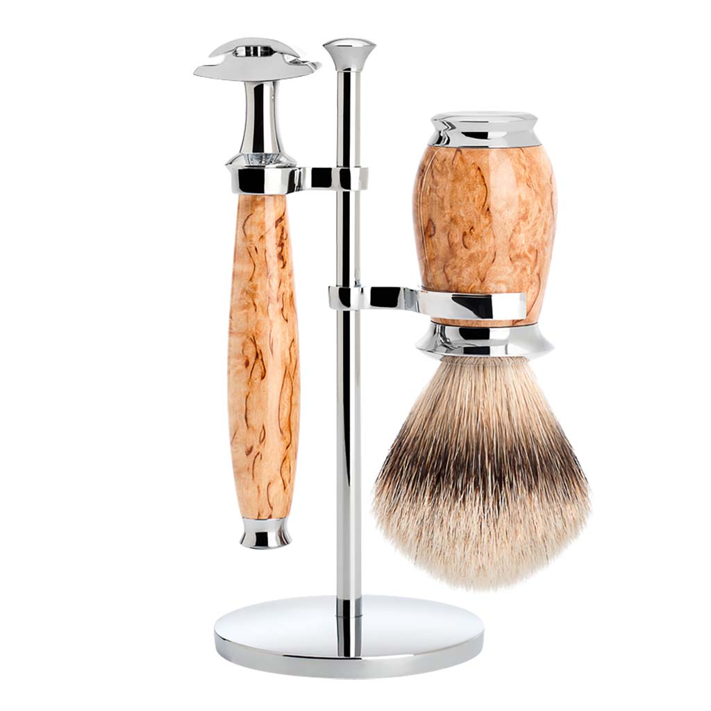 Muhle Purist 3-Piece Safety Razor Set Karelian Masur Birch Silvertip Badger - Grown Man Shave