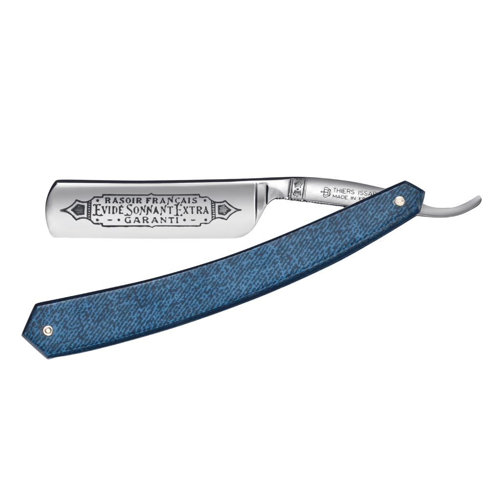 Thiers Issard 'Evide Sonnant Extra Garanti' Straight Razor 6/8" Blue Jeans Micarta Carbon Steel.