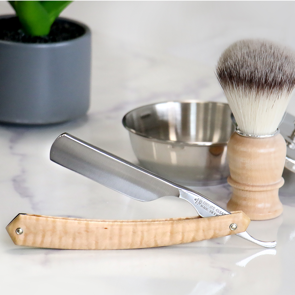 Thiers Issard 8 Piece Flamed Maple Straight Razor Kit.