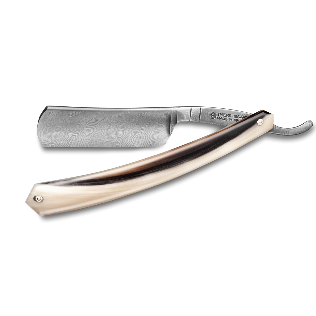 Thiers Issard Damascus Steel Straight Razor 6/8&quot; Blond Cow Horn Tip