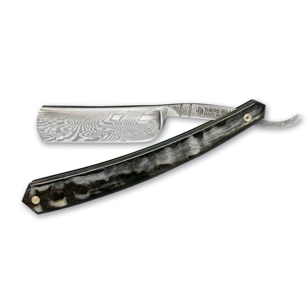 Thiers Issard Damascus Steel Straight Razor 6/8&quot; Dark Ram Horn.