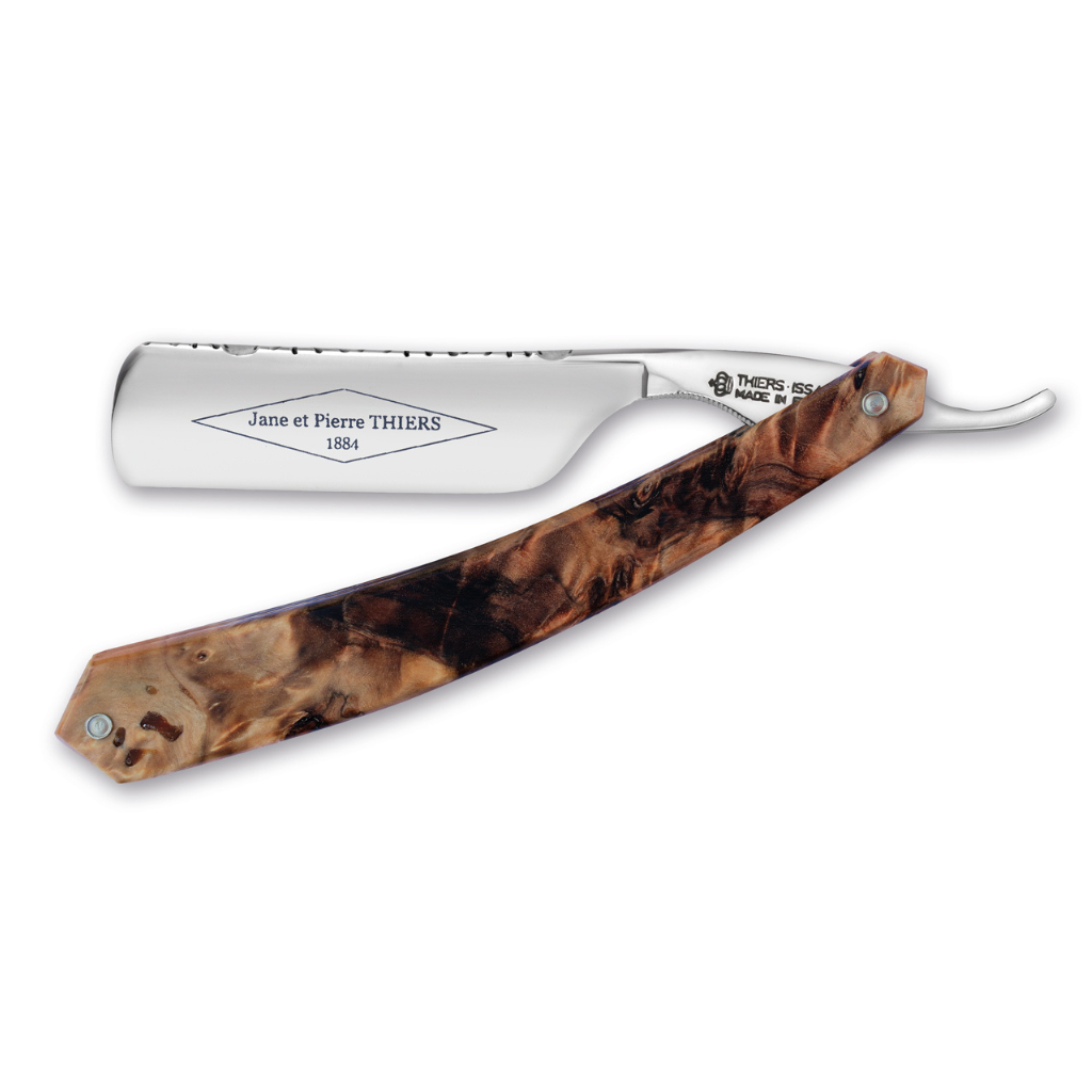 Thiers Issard &#39;Jane Et Pierre Thiers 1884&#39; Straight Razor 7/8&quot; Hand Filed Sun Pattern on Spine - Stabilized Poplar Wood Carbon Steel.