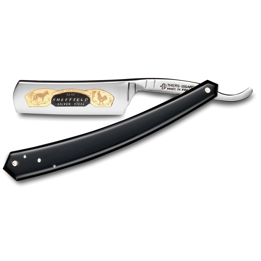 Thiers Issard &#39;Best Sheffield Silver Steel&#39; Fox and Rooster Straight Razor 6/8&quot; Black Resin with Faux Diamond Inlays Carbon Steel