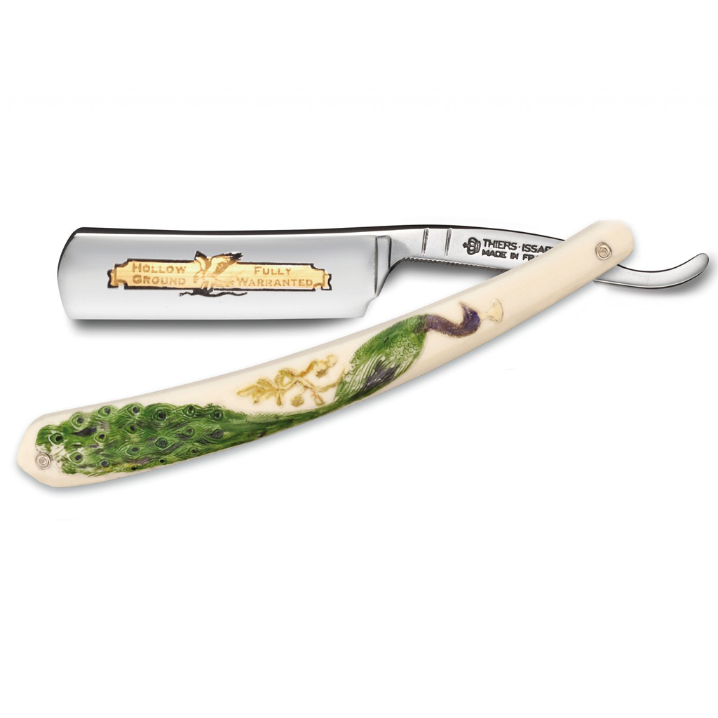 Thiers Issard &#39;Golden Eagle&#39; Straight Razor 6/8&quot; White Resin Hand-Painted Peacock Scales Carbon Steel